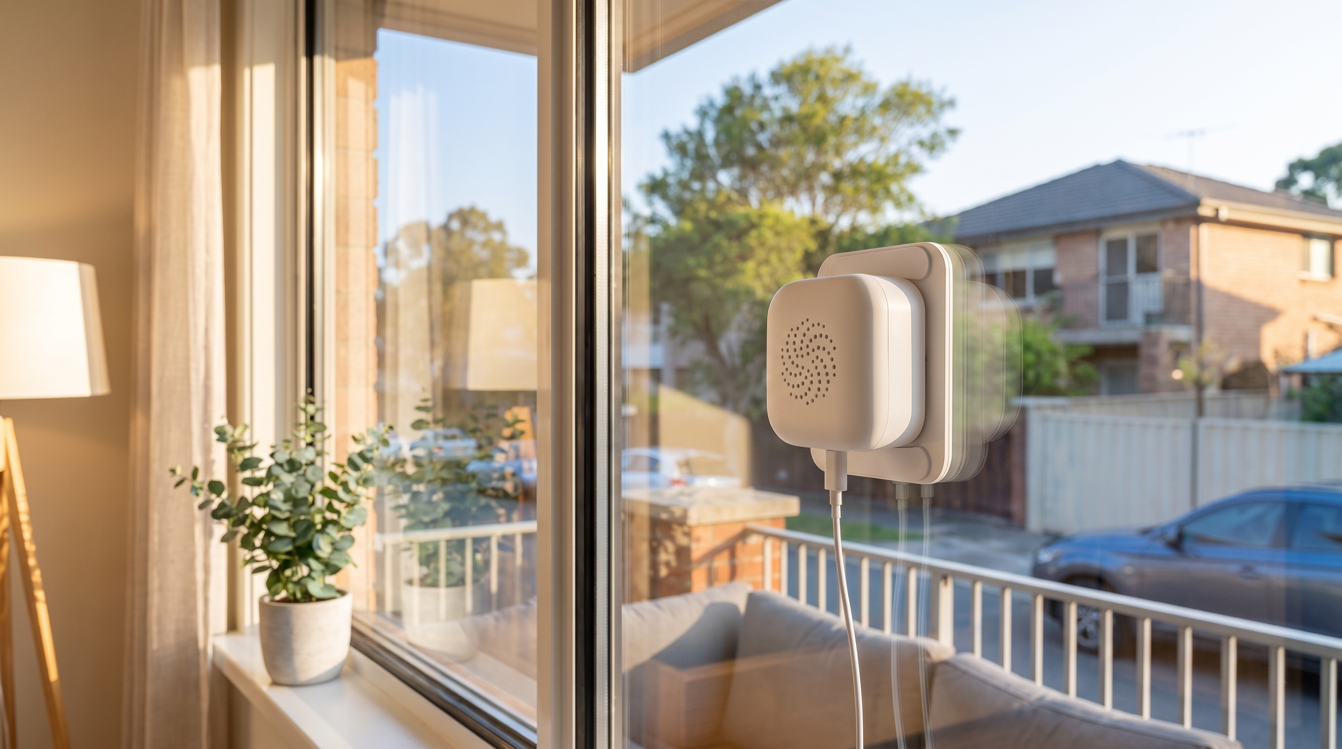 Sill Cam mounted on an Australian home window in daylight – AI placeholder
