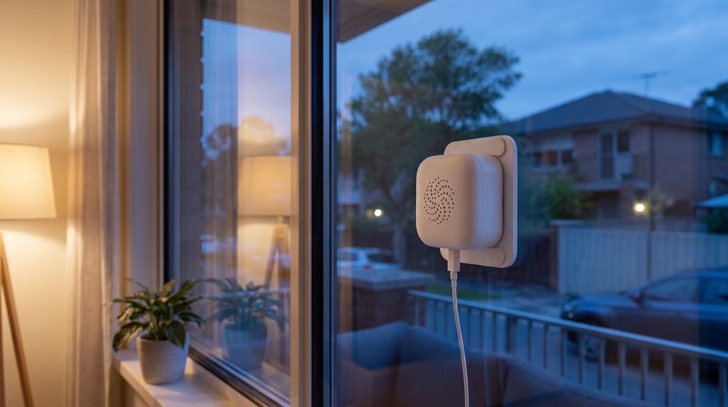 Sill Cam mounted inside a window at evening – AI placeholder
