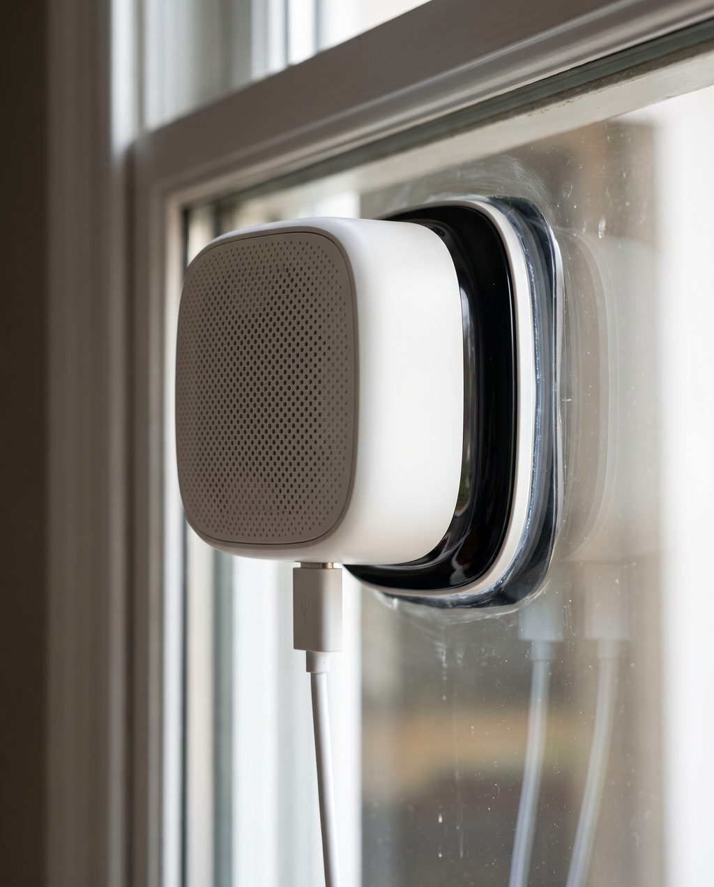 Sill Cam mounted to window with USB power cable – AI placeholder