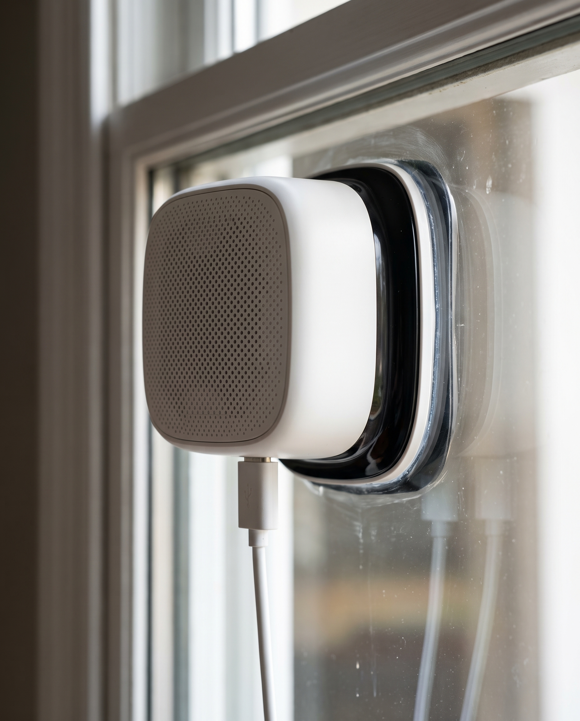 Sill Cam mounted to window with USB power cable – AI placeholder